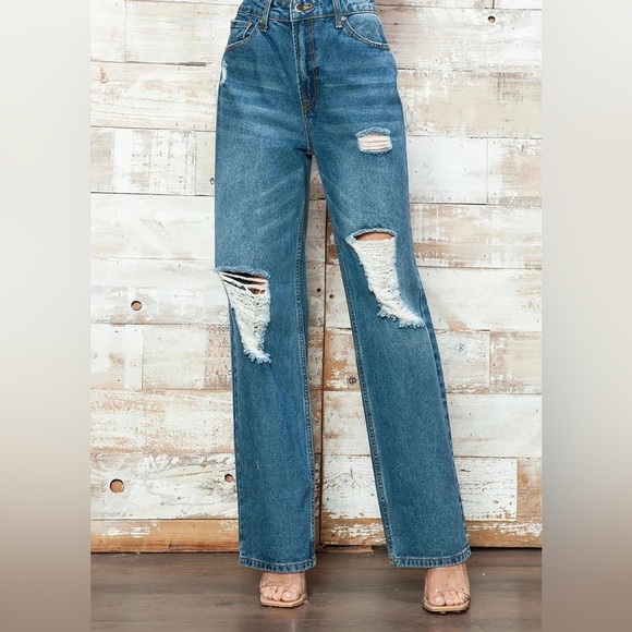 High Rise Wide Leg Distressed Denim Jeans - Picture 1 of 6
